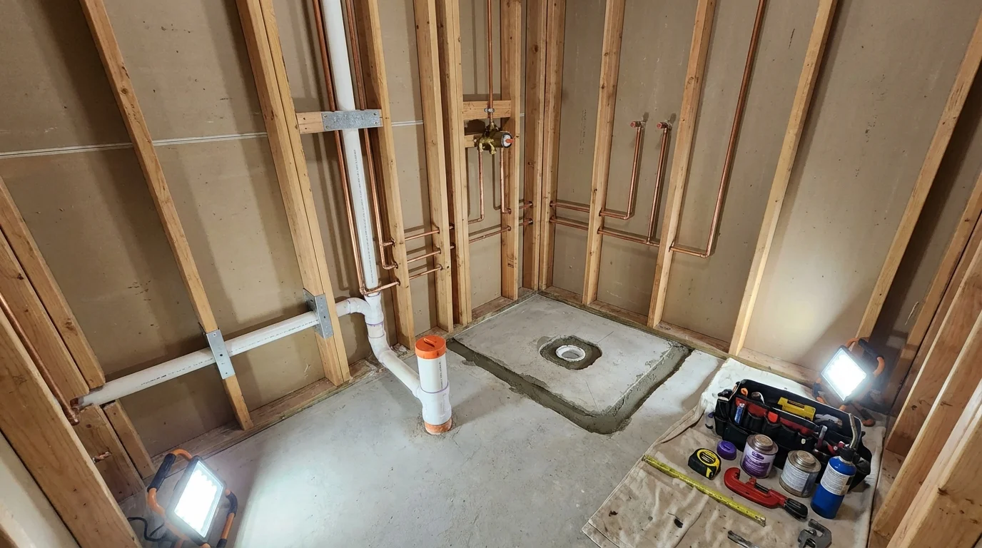 Bathroom rough-in plumbing during remodel by Johns Plumbing LLC in East Pittsburgh