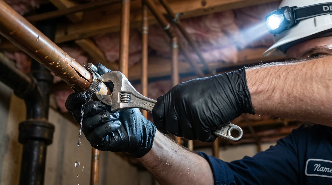 Emergency pipe clamp repair being performed by a Johns Plumbing LLC plumber in East Pittsburgh