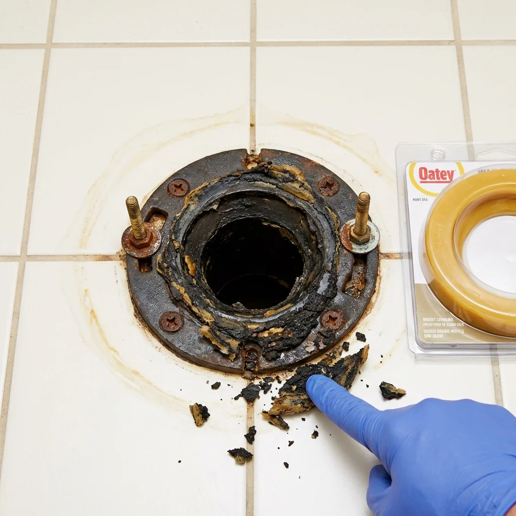 Failed wax ring showing water seepage at the base of a toilet in a East Pittsburgh, PA home