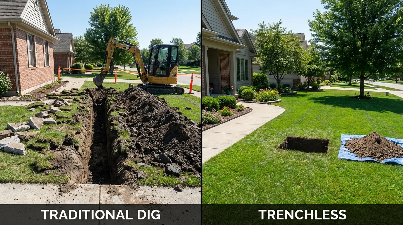 Trenchless sewer repair with minimal yard damage versus traditional excavation in East Pittsburgh, PA