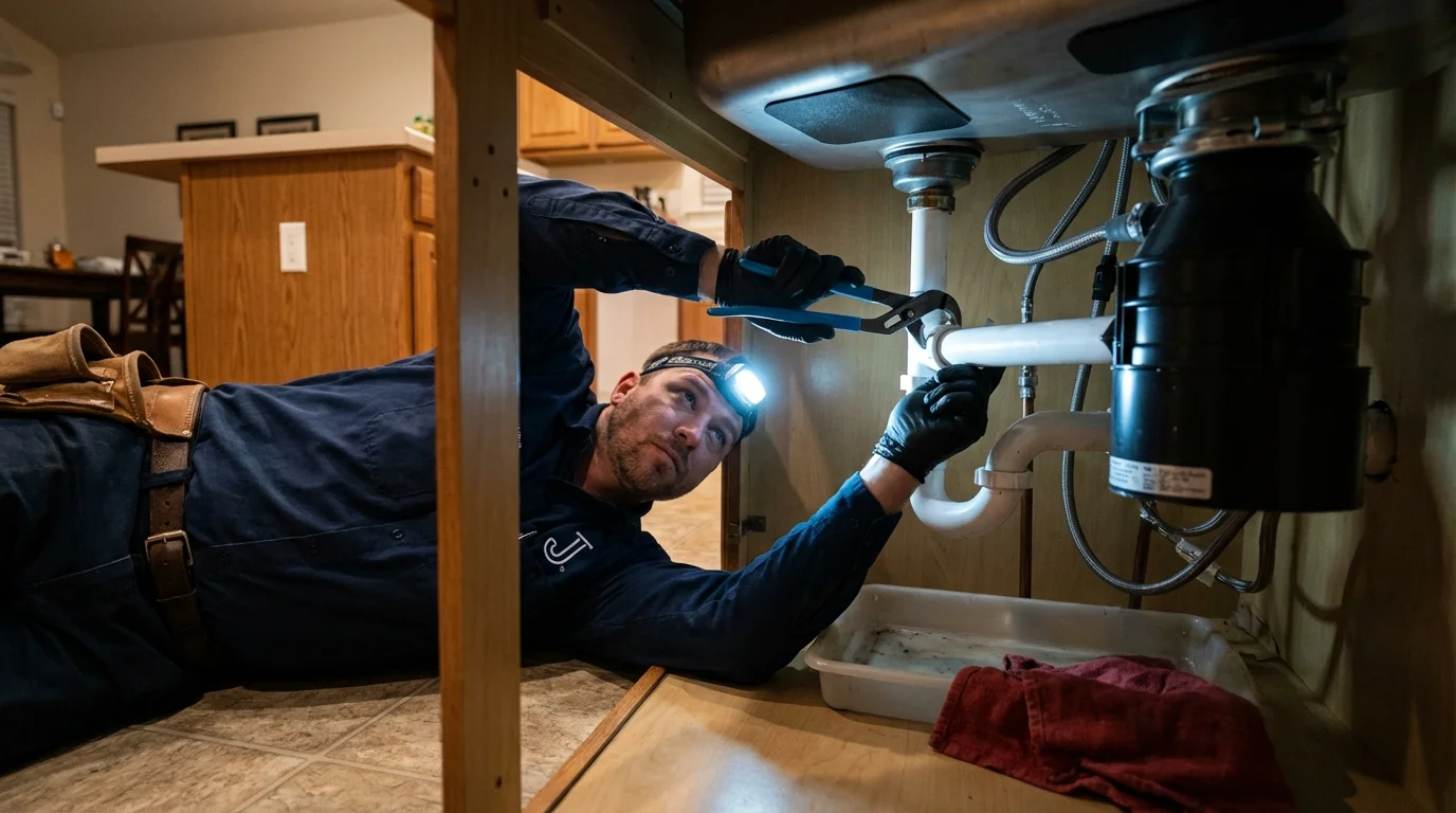 P-trap and supply line connections under a kitchen sink showing a common leak point in East Pittsburgh, PA